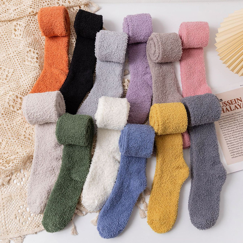 Flauschige Socken für Damen, weich, gemütlich, flauschig, Plüschstrumpf, warm, dick, Winterschlaf, Boden, lange Socken, solide, weiche, oberschenkelhohe, lustige Socken