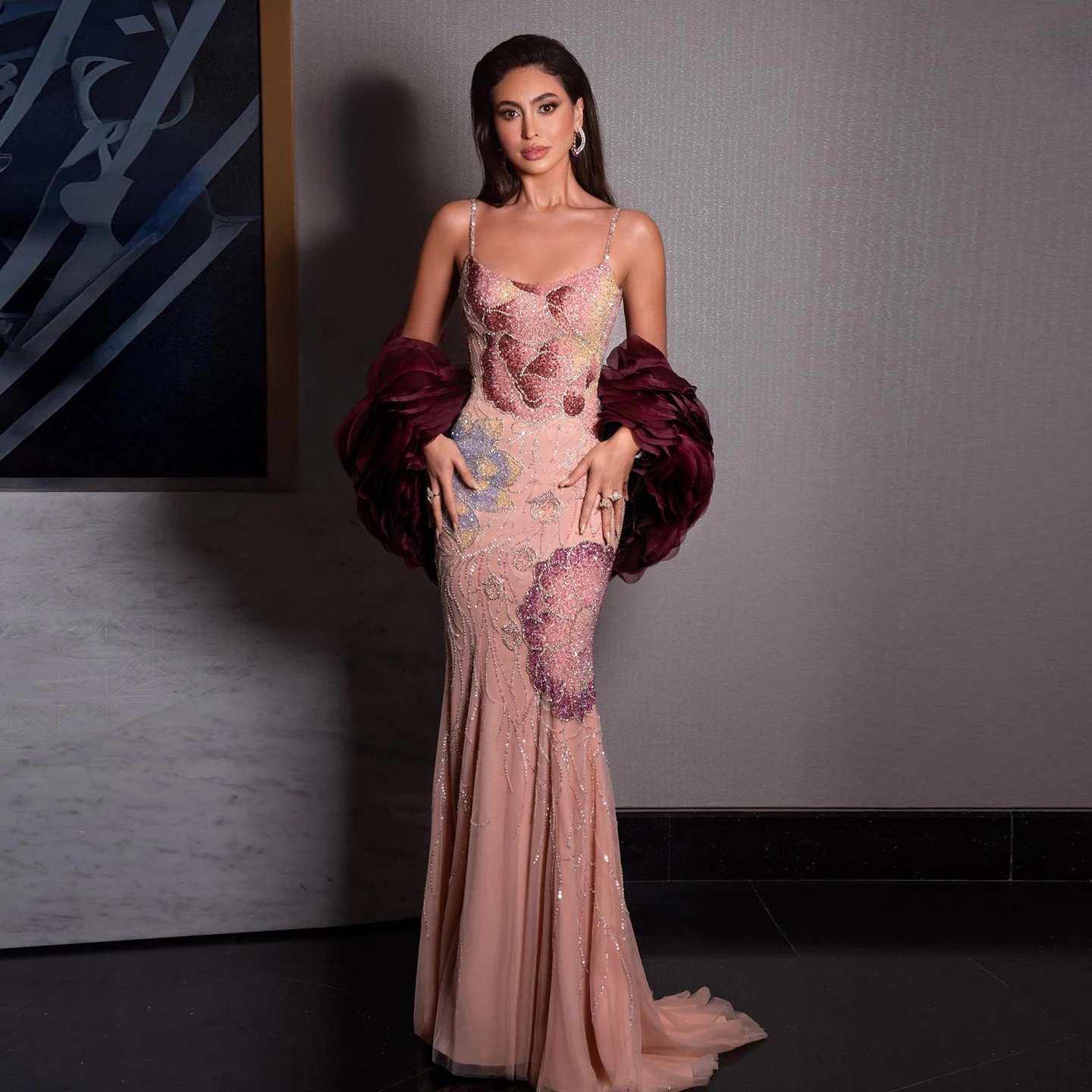 Sharon Said Роскошное розовое вечернее платье с цветочным принтом и бисером с бордовой накидкой-шалью Элегантное вечернее платье для женщин SS515 по индивидуальному заказу