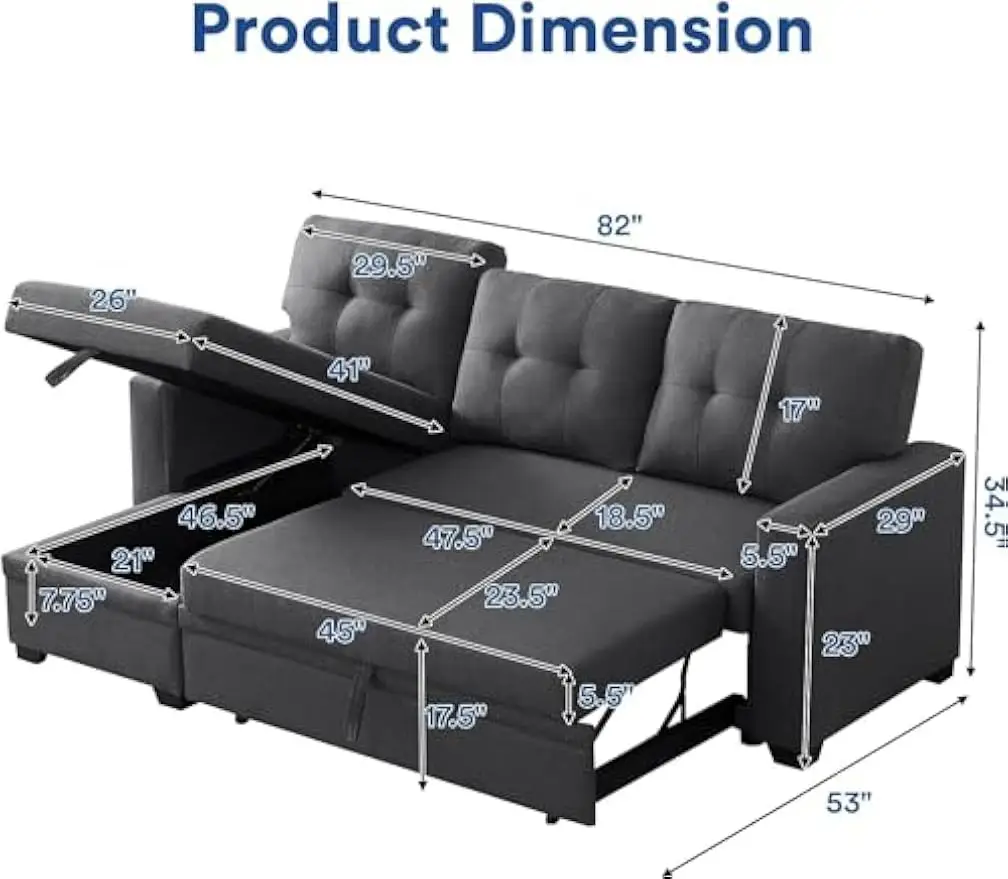 Sectional Sofa Couch, Sleeper Sofa Bed with Storage Chaise Pull Out Couch Bed for Living Room | Hidden Stroge | Pull Out Bed | R