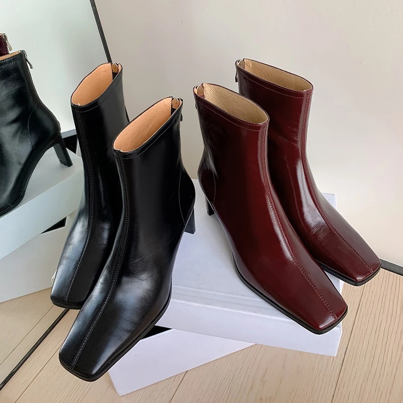 JOZHAMTA-Botas femininas de salto alto grosso e couro real, sapatos casuais para senhora do escritório, botas curtas, outono, inverno, tamanho 34-43, 2022