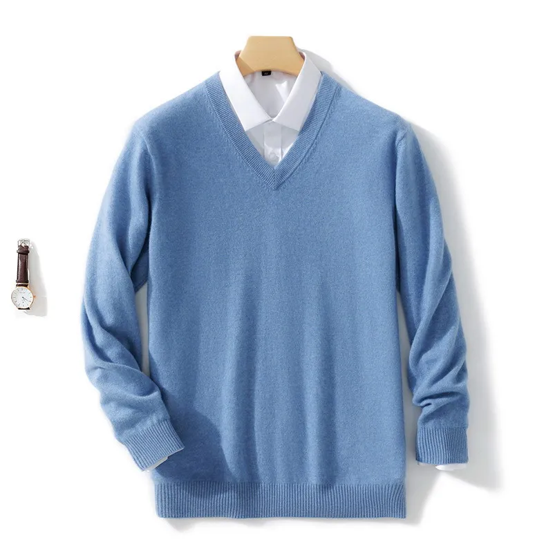 ผู้ชายแคชเมียร์ผสมผ้าฝ้ายอบอุ่น Pullovers เสื้อกันหนาว V คอถักฤดูหนาวใหม่ชายเสื้อขนสัตว์เสื้อจัมเปอร์