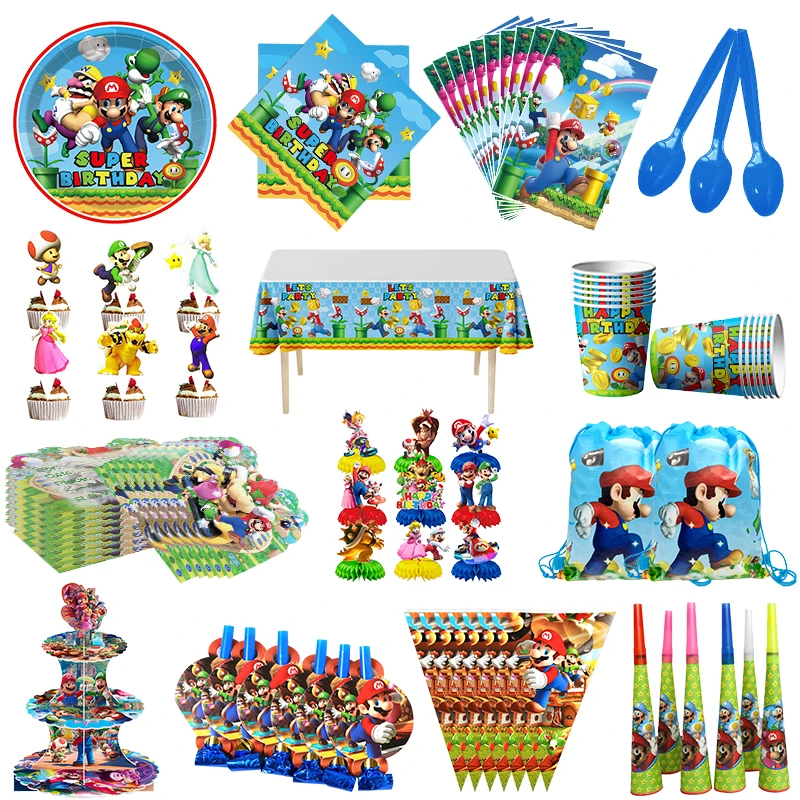 Mario Bros Birthday Party Balloons Deco Disposable Tableware Kit  Gifts Bag Cake Decorations Super Mario Birthday Party Supplies