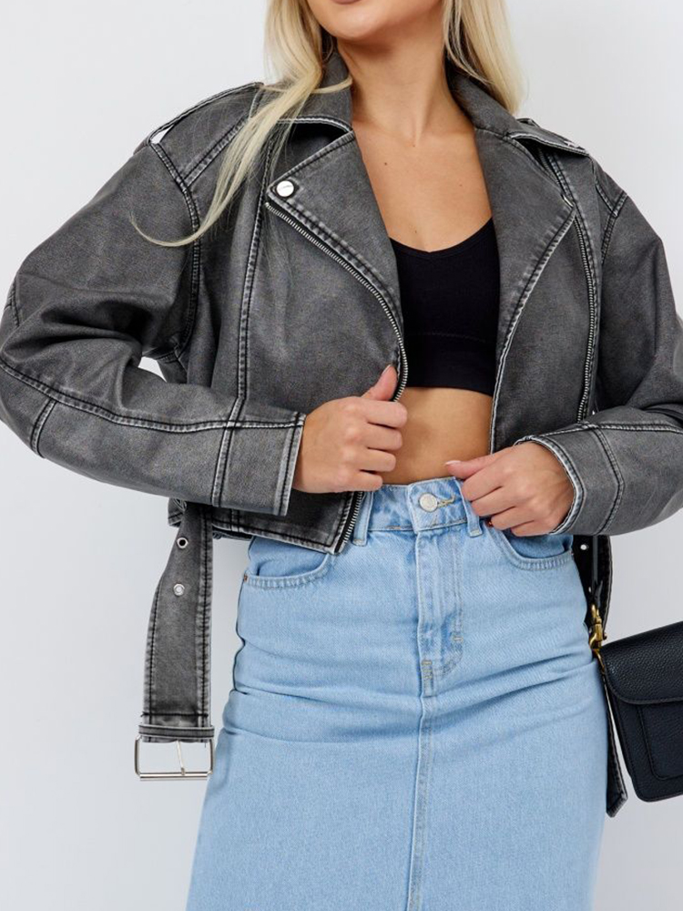 Ailegogo ストリート女性ルースレトロジッパーフェイクレザーショートジャケットベルトヴィンテージ女性モトバイカーコートシックな生き抜く