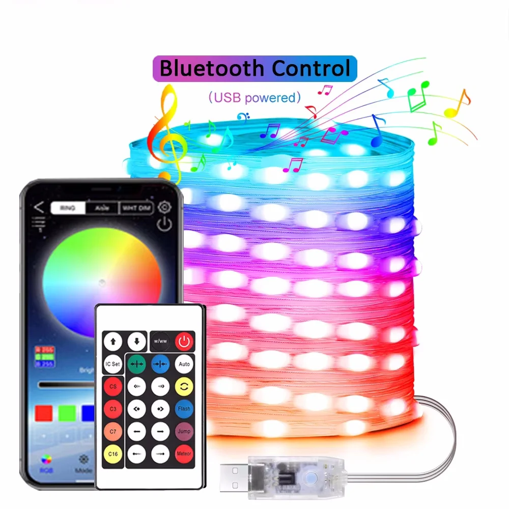 String LED บลูทูธไฟ Fairy Dreamcolor RGBIC DIY Party ไฟต้นคริสต์มาสงานแต่งงานตกแต่ง Garland โคมไฟ USB 15 M/10 M/5 M/2 M