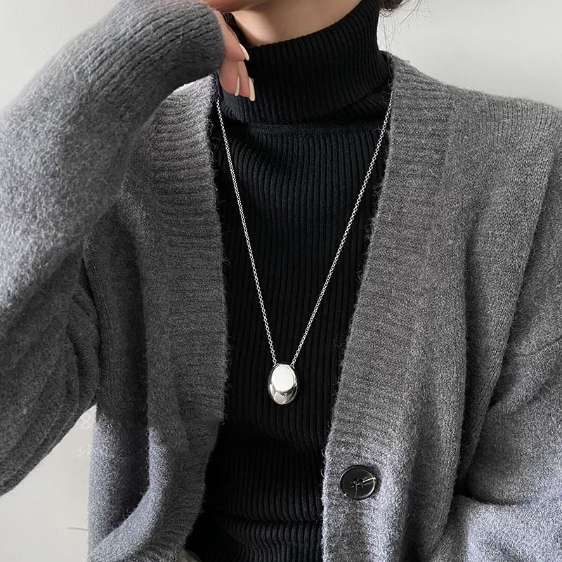 Gold Farbe Glatte Oval Anhänger Halskette für Frauen Mädchen Einfache Mode Geometrische Runde Lange Halskette Pullover Chian Geschenk