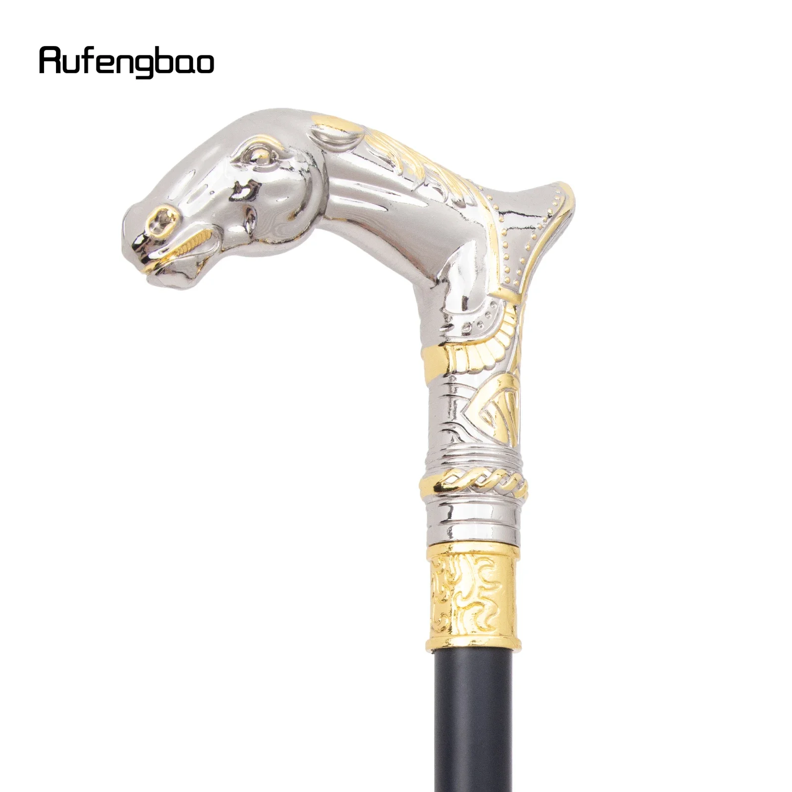 Goldener weißer Pferdekopf-Tier-Gehstock mit versteckter Platte, Selbstverteidigung, modischer Gehstock, Platte, Cosplay, Crosier-Stick, 92 cm