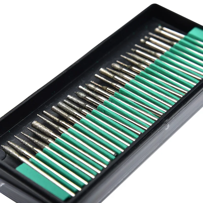 30pcs/lot Shank Diamond Burs Set With Box For Electric Grinder Power Accessories Abrasive Drill Bit Rotary Tool Sets 2.35mm