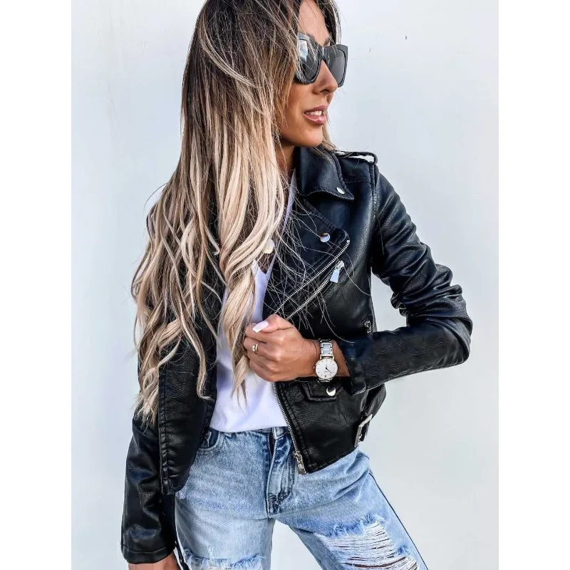 Mandylandy เสื้อแจ็คเก็ตหนัง PU สำหรับผู้หญิง, เสื้อโค้ทตัวนอกซิปเสื้อแขนยาวเสื้อโค้ทสั้นสำหรับใส่ขี่มอเตอร์ไซค์