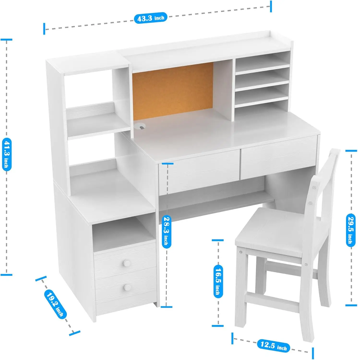 Kids Desk and Chair Set for 5-12 Year Old, Childrens Computer Desk with 4 Drawers, Kids Study Table with Storage Shelf-A01C65