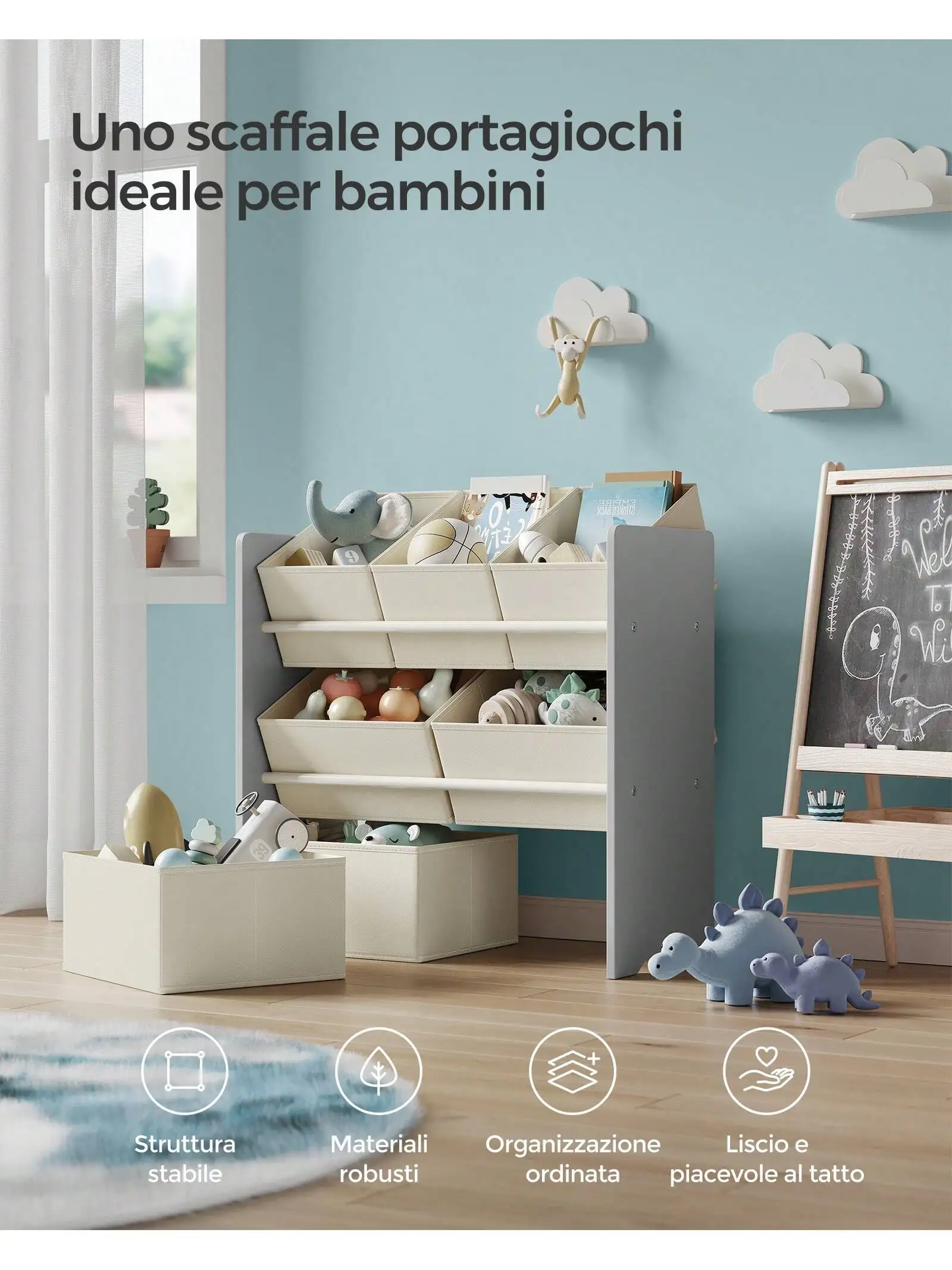 SONGMICS Libreria per bambini: libreria per bambini con 7 contenitori in tessuto non tessuto, spazioso, 29,5 x 62,5 x 60 cm, grigio colomba