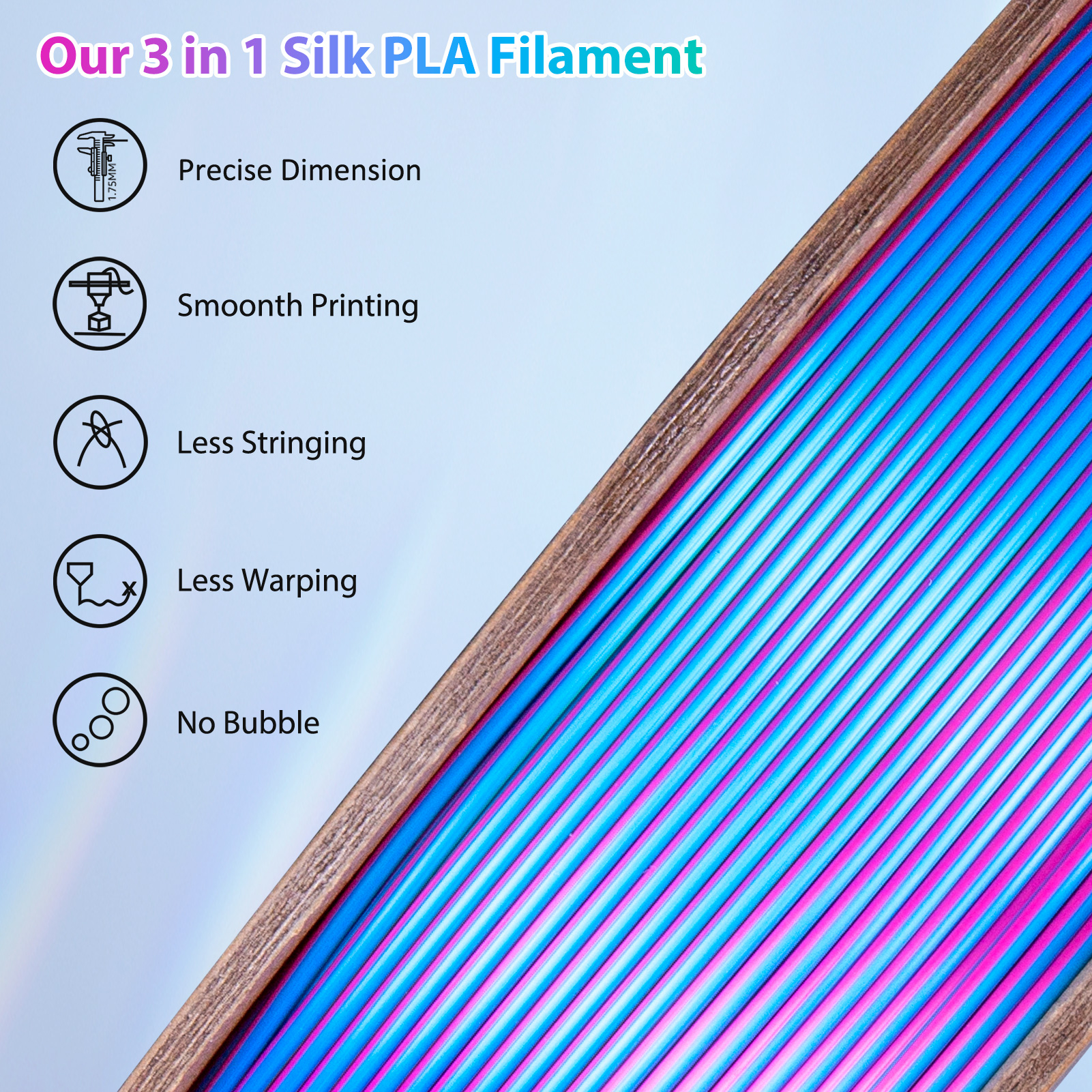 Filamento de impresora 3D PLA de seda Filamento PLA de seda de triple color de 1,75 mm Filamento de impresión 3D 250 g Color 3 en 1