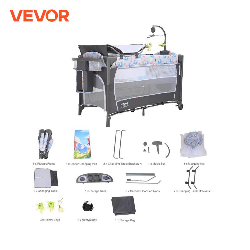 VEVOR Babybett Beistellbett Baby Rollbar 4 in 1, 926 x 598 x 692 mm Reisebett Kombi Set 35 kg Max. Gewichtskapazität, Babyreisebett mit Moskitonetz & Tierspielzeug & Haken, Praktischer Stubenwagen