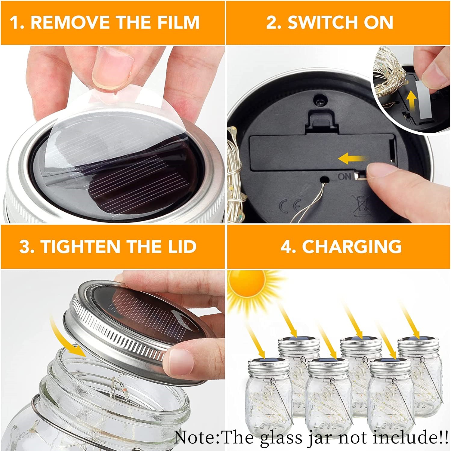 20 luces LED solares para tarros de albañil, tapa de tarro de luciérnaga de hadas impermeable con asas, luces para decoración de bodas, jardín y Patio (sin tarro)