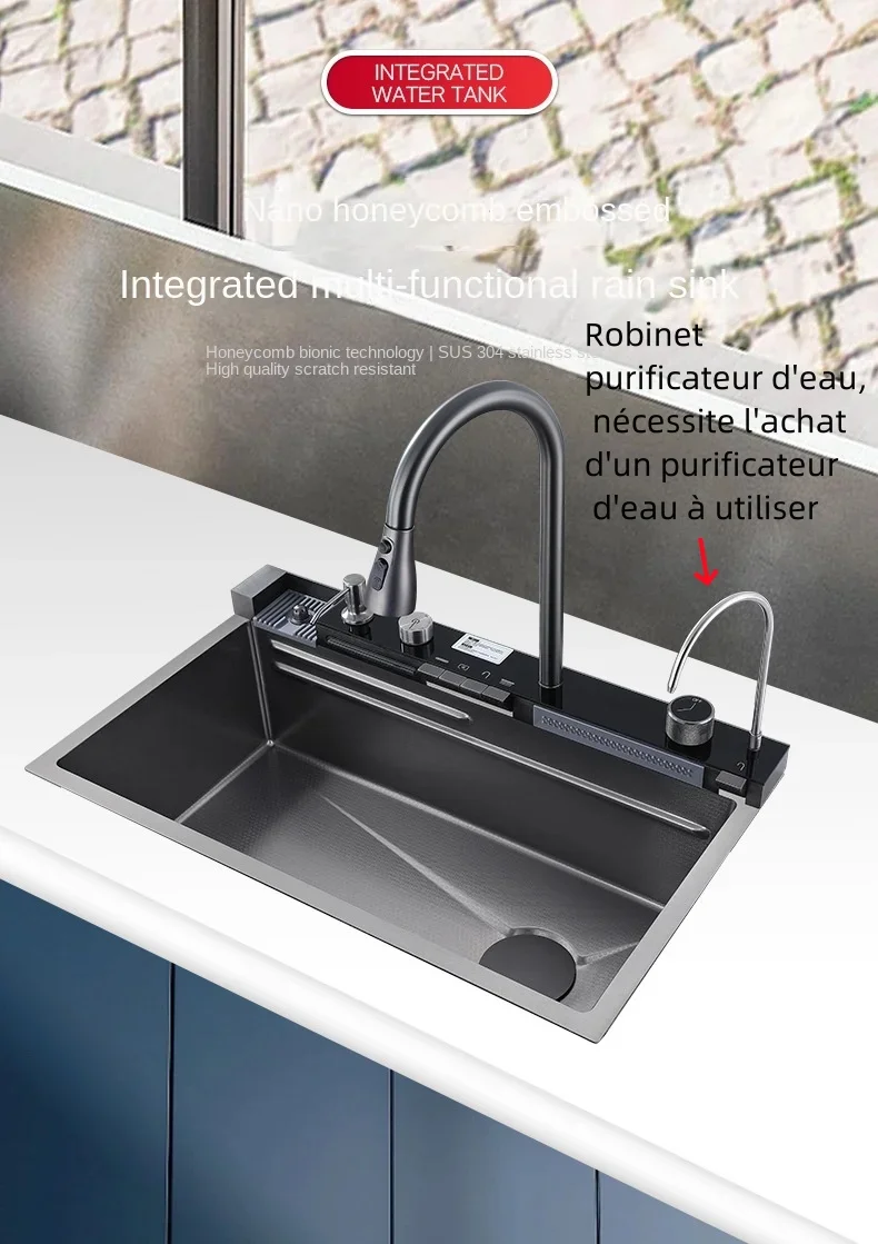 Évier de cuisine en acier inoxydable 304, Double cascade, fente unique, ensemble de robinets à affichage numérique intégré, distributeur de savon, lave-tasse