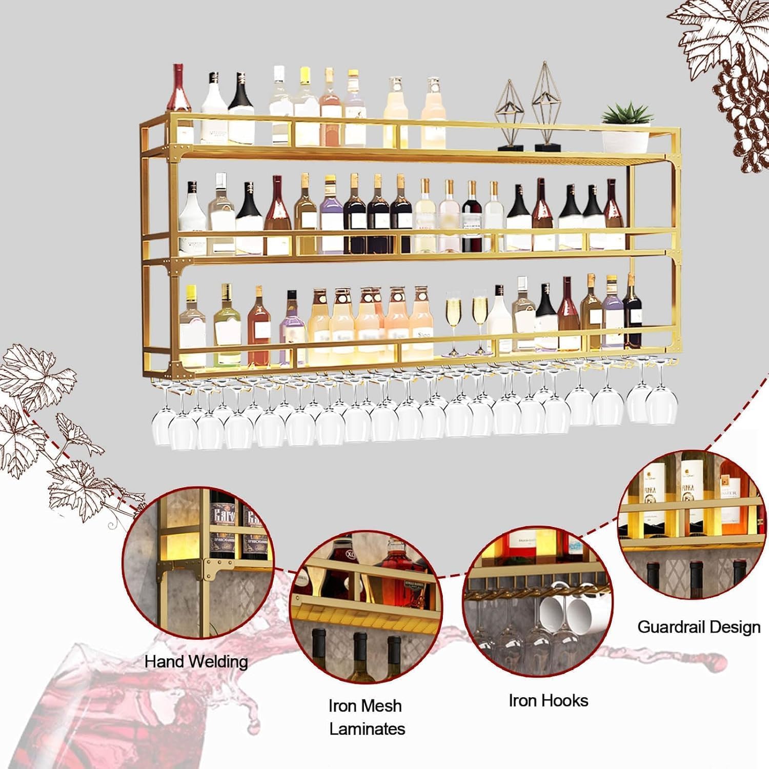 Weinregal Wand mit Glashalter, 3-stöckiges Weinpareite-Präsentationsständer, Metall-Weinflaschen-Glashalter Wandmontage für Esszimmer Home