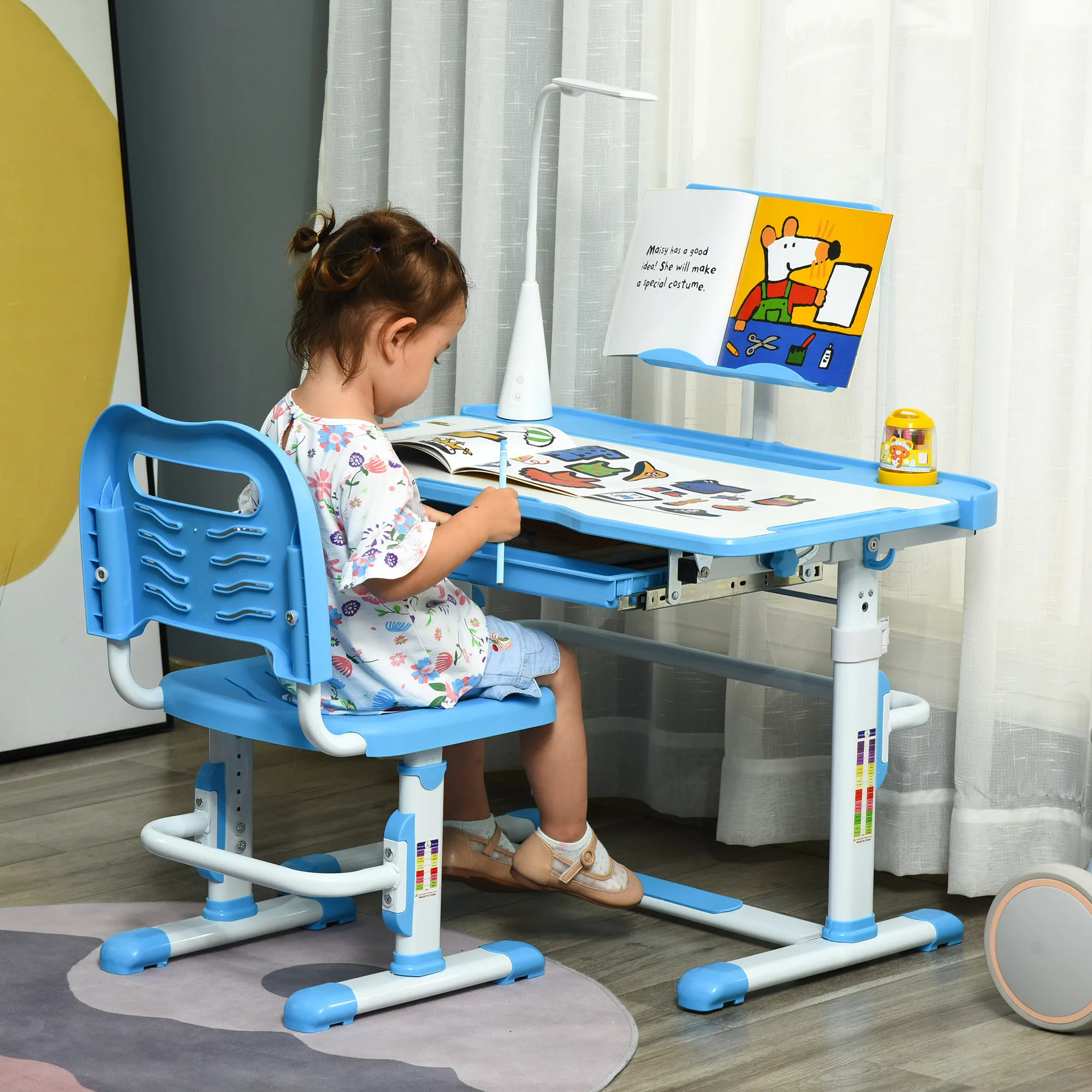 HOMCOM Schreibtisch- und Stuhlset für Kinder, höhenverstellbar, neigbare Tischschublade