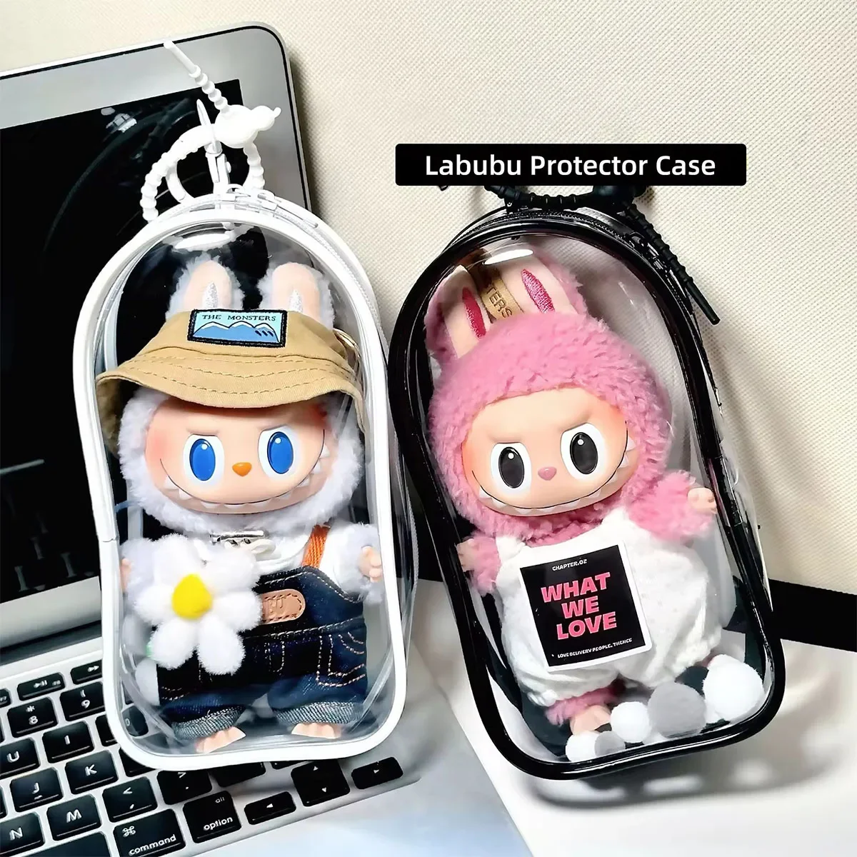 Para Labubu V2 funda protectora colorida transparente accesorios para muñecas caja organizadora bolsa de exhibición de muñecos de peluche al aire libre con llavero