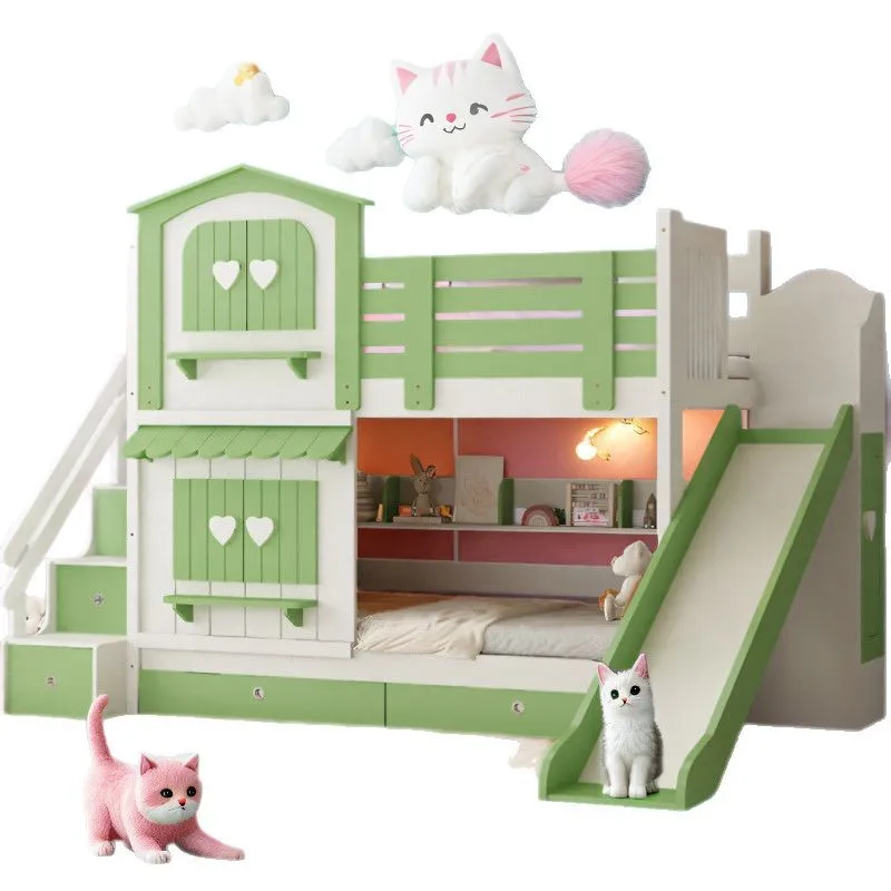 Children's bed Girl bunk bed Two-layer pink princess wind castle bed Slide bunk