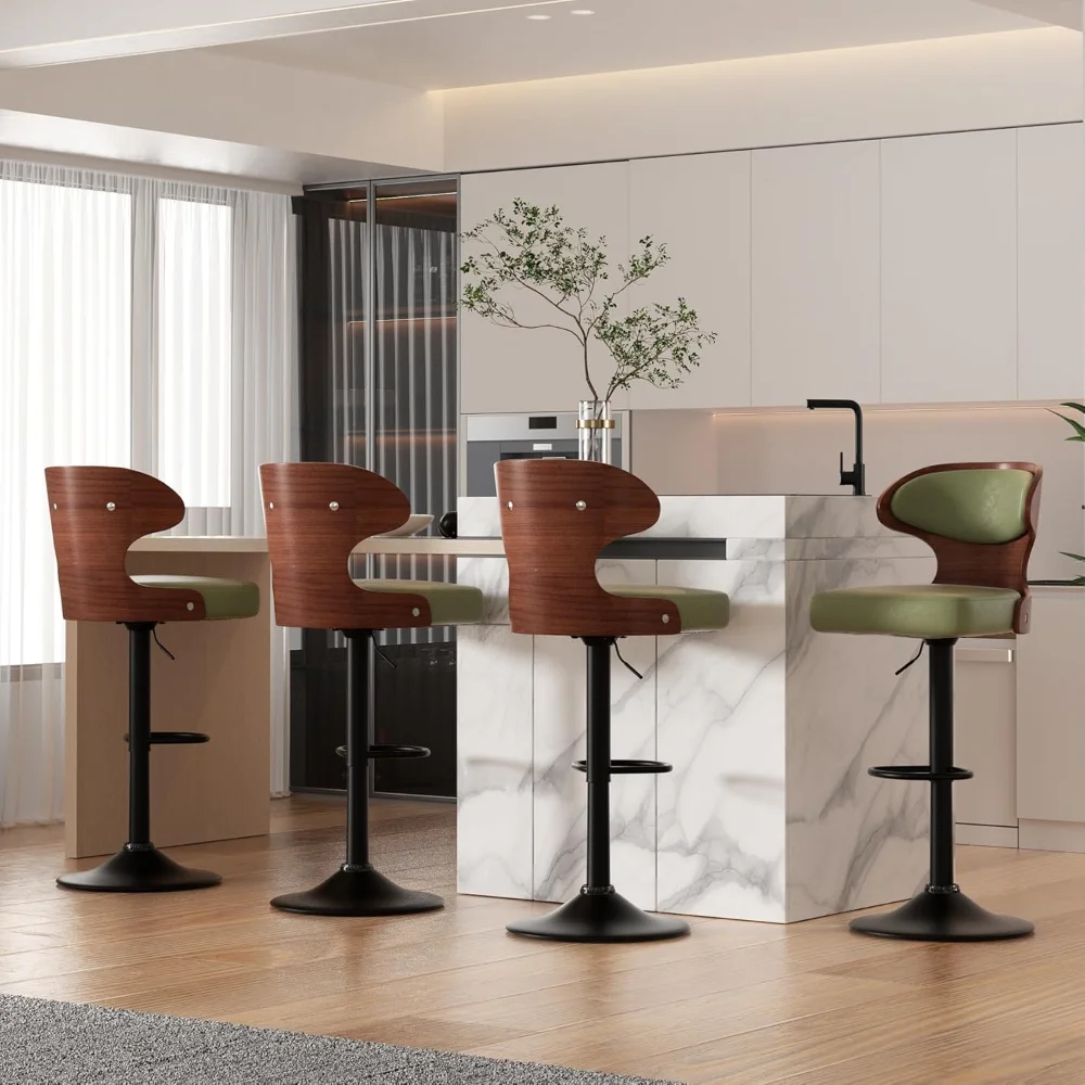 Bar Stools Set of 4 Seat Adjustable Height 24.5-33.5IN-Bentwood Swivel Barstools with Back&Footrest - PU Leather Upholstered