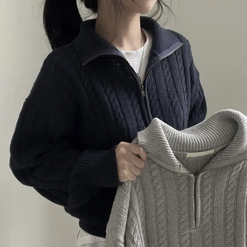 Deeptown moda coreana meio zíper suéteres feminino vintage torcido malha colheita pulôver casual sueter mujer manga longa topos