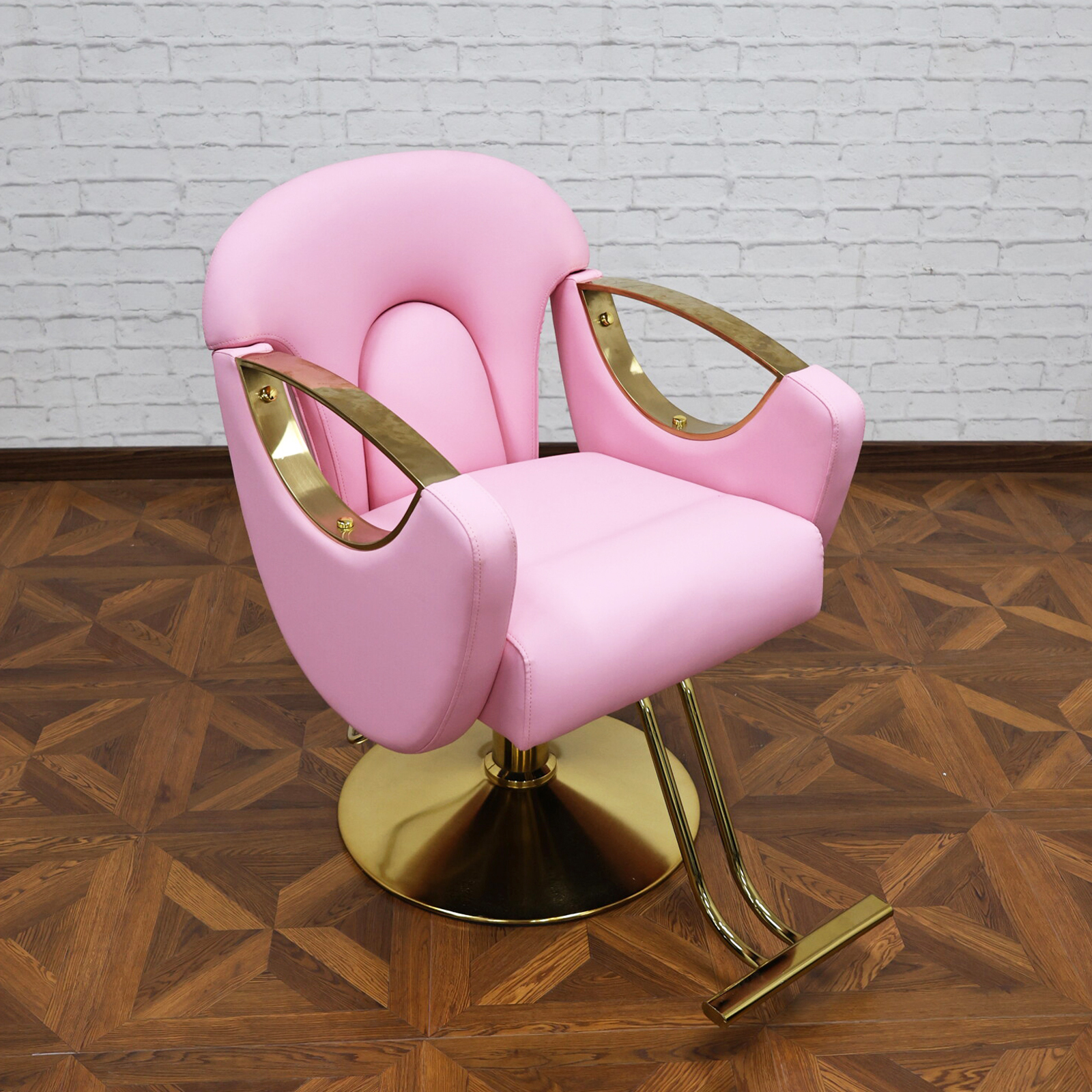 เก้าอี้ตัดผมร้านตัดผม, 360 °   เก้าอี้ไฮดรอลิกหมุนได้ สีชมพู ดีไซน์ใหม่ เฟอร์นิเจอร์ร้านทำผมแบบปรับแต่งได้ ขายส่ง