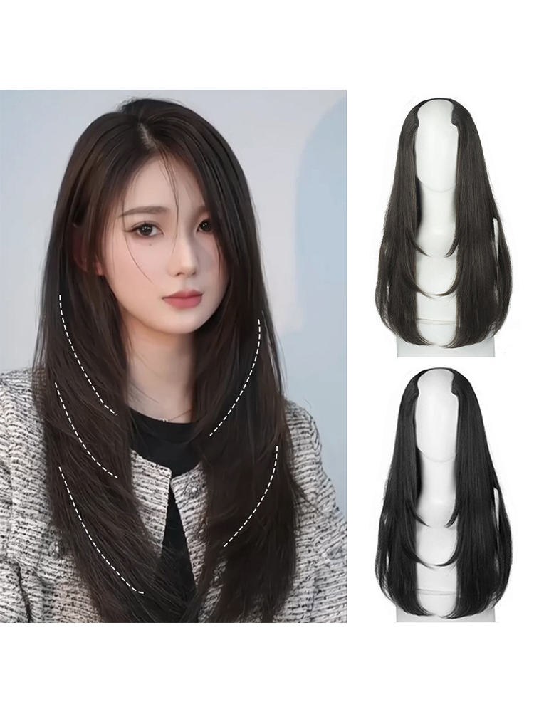 ヘアエクステンションのロングレイヤークリップ、ナチュラルミックスウェル、ストレートウェーブv字型ヘアピース、ブラウンヘアエクステンション、1ピース、22インチ