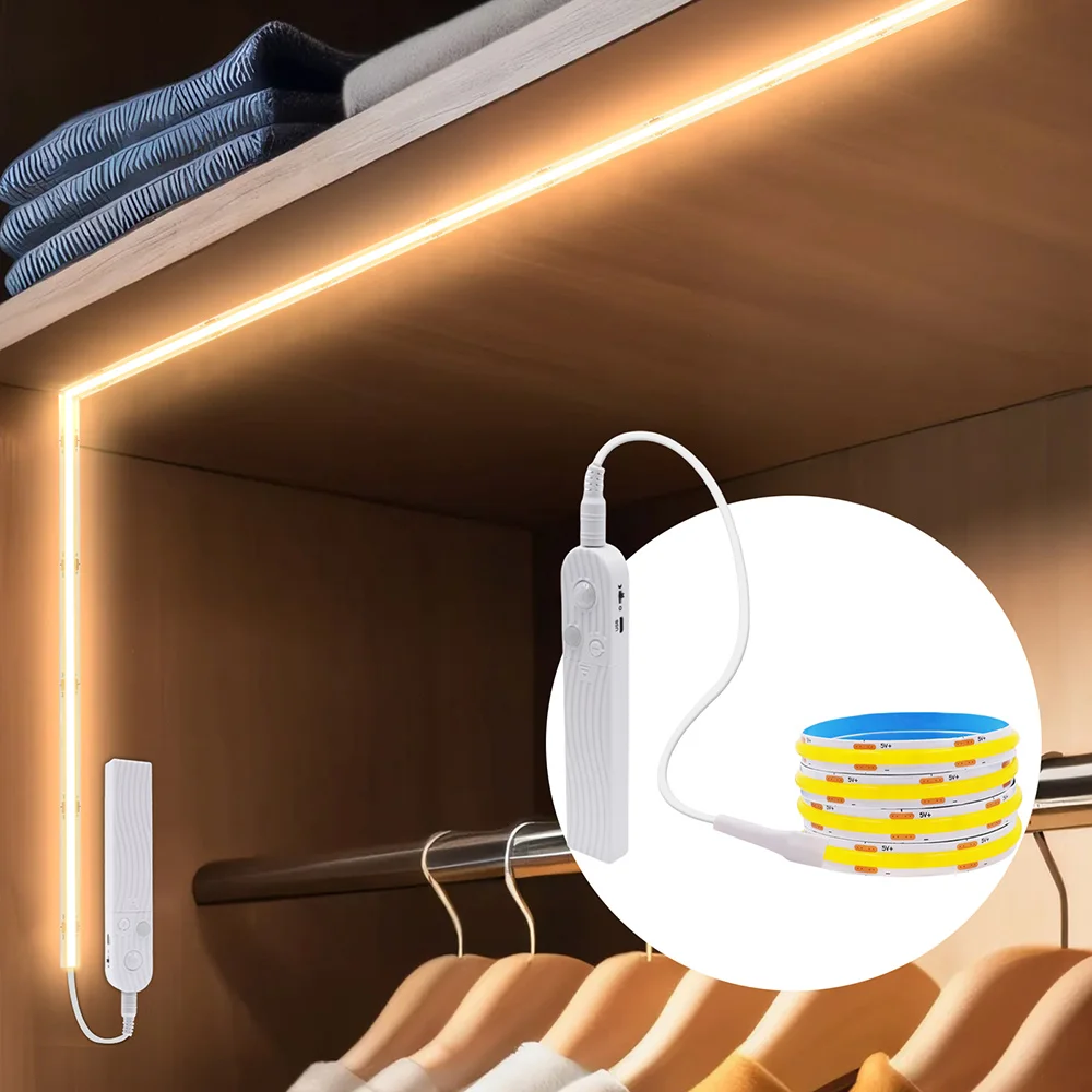 Motion Sensor COB Led Strip Light 5V Induction Lamp DC Battery Powered 320LEDs/m Flexible Tape Warm White Blue Red Pink RA90