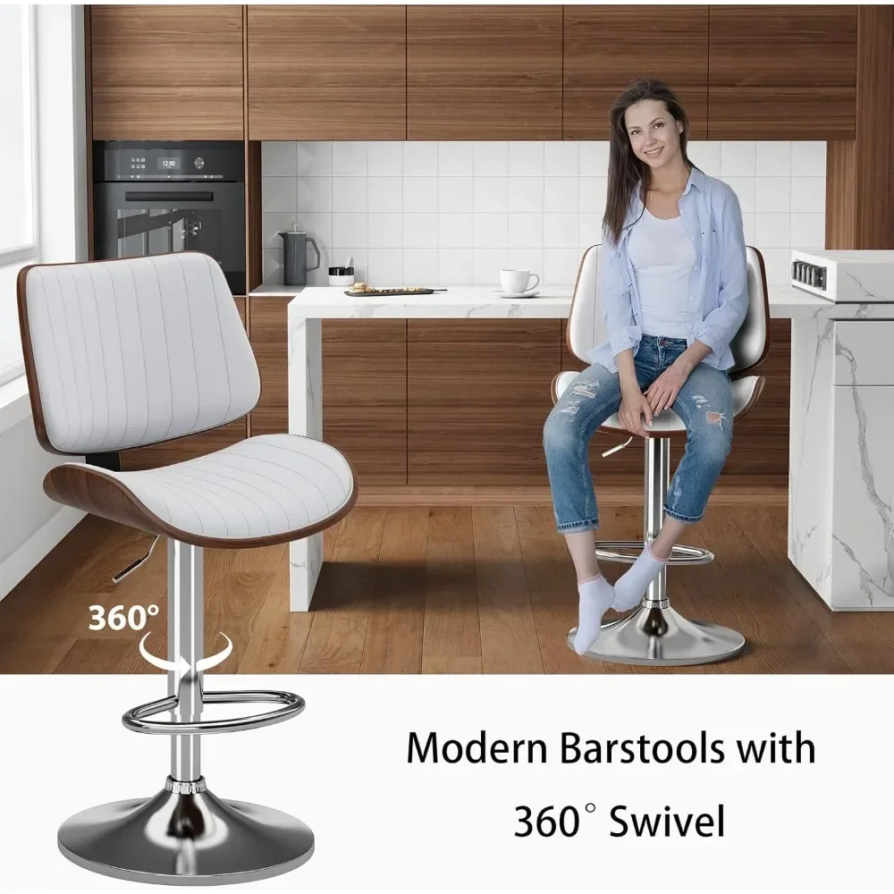 Swivel Bar Stools Set of 4, Adjustable Bentwood Barstools, Modern PU Leather Upholstered Bar Chair with Back and Footrest