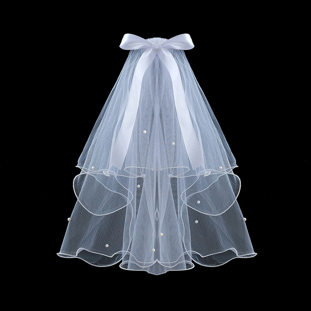 Véus de casamento de duas camadas com pente curto tule véu de noiva arco contas fita borda acessórios de casamento