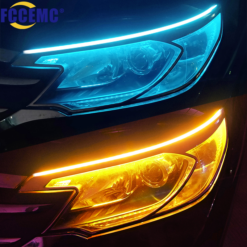 2pcs LED DRL รถไฟวิ่งกลางวันยืดหยุ่นกันน้ํา Strip ไฟหน้าอัตโนมัติสีขาวเลี้ยวสัญญาณสีเหลืองเบรค Flow ไฟ 12V