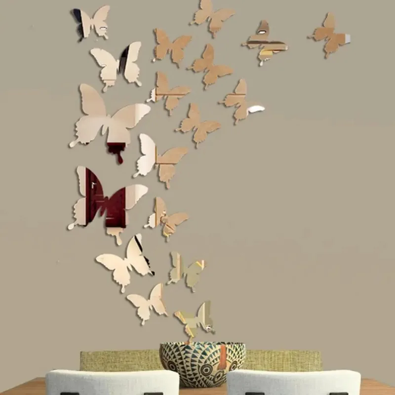12 개/몫 3D 나비 거울 벽 스티커 데칼 벽 예술 이동식 웨딩 장식 어린이 방 장식 스티커