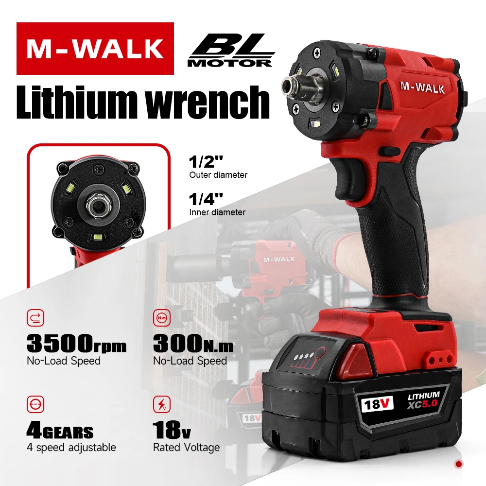 300N. m Bezszczotkowy Elektryczny Klucz Udarowy 1/2 W klucz akumulatorowy Śrubokręt Naprawa samochodów Elektronarzędzia dla Milwaukee 18V Pin Baterii