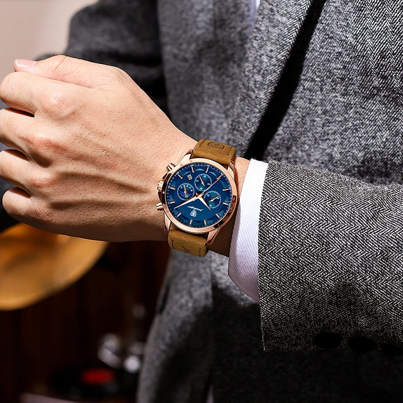 Reloj POEDAGAR de cuero genuino para hombre, cronómetro con calendario luminoso a la moda, reloj masculino resistente al agua con fase lunar, reloj de pulsera de cuarzo para hombre