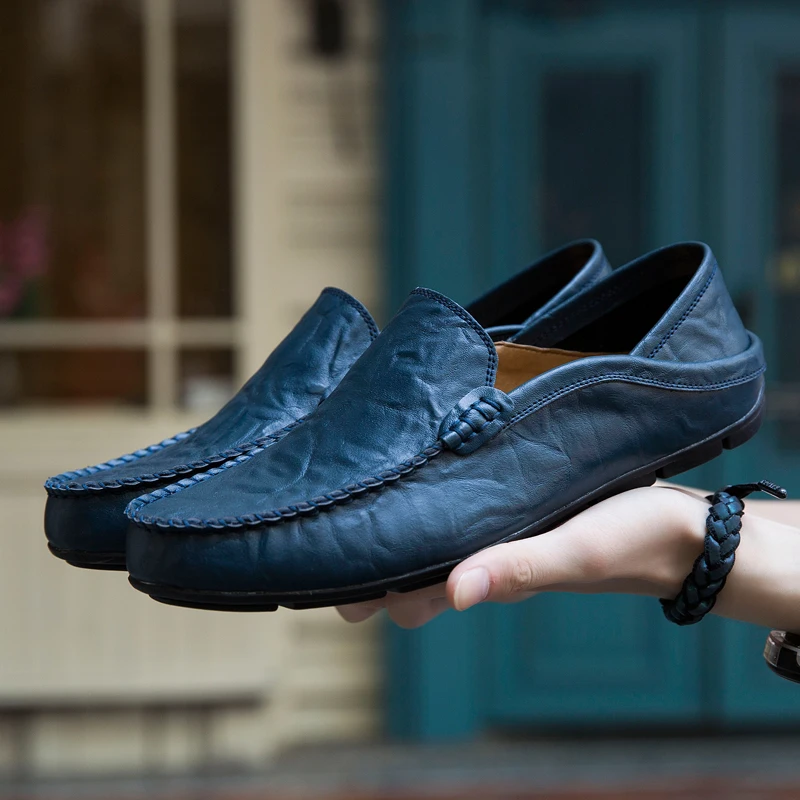 Męskie buty codzienne ze skóry naturalnej, męskie mokasyny, designerskie wsuwane buty żeglarskie, wysokiej jakości Chaussure Homme Plus Size 37-47