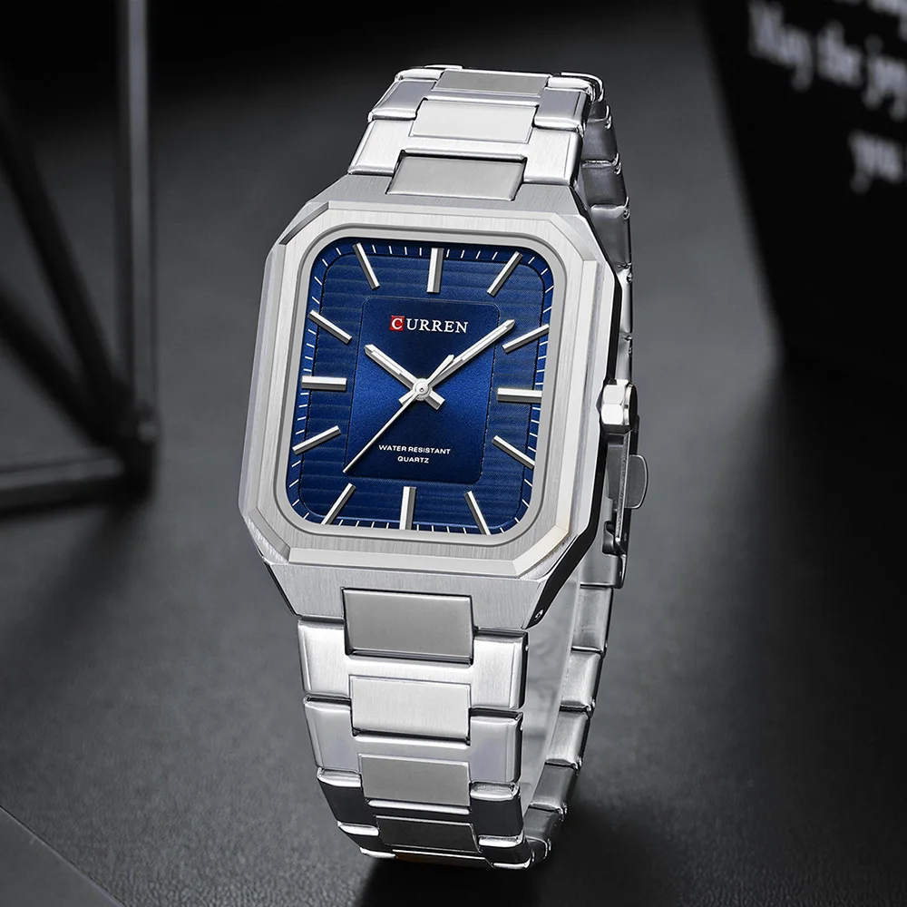 CURREN 8457 Relógio quadrado minimalista com pulseira de aço à prova d'água para casal relógio masculino e feminino com mostrador de barra