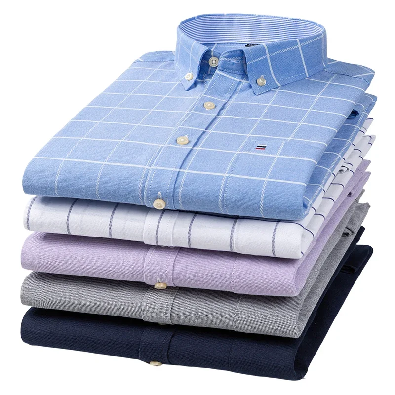 Camisa de vestir Formal a rayas con estampado de cuadros de Color sólido ajustada informal de manga larga 100% algodón a la moda Oxford para hombre de talla grande