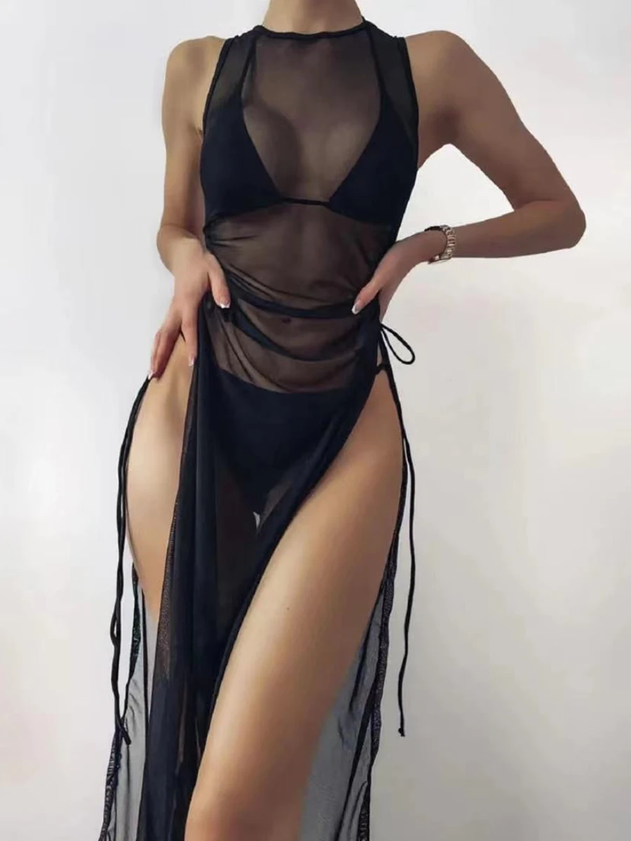 Bikini string avec robe pour femme, maillot de bain femme, maillot de bain monochrome, vêtements de plage, natation trempée, été, 3 pièces, 2024