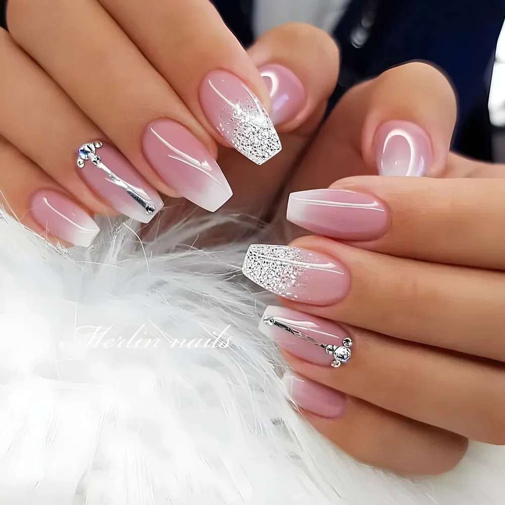 24 Uds. De uñas postizas blancas degradadas, uñas postizas simples de Ballet cuadradas cortas, prensa en uñas desnudas usables, puntas de manicura de cobertura completa