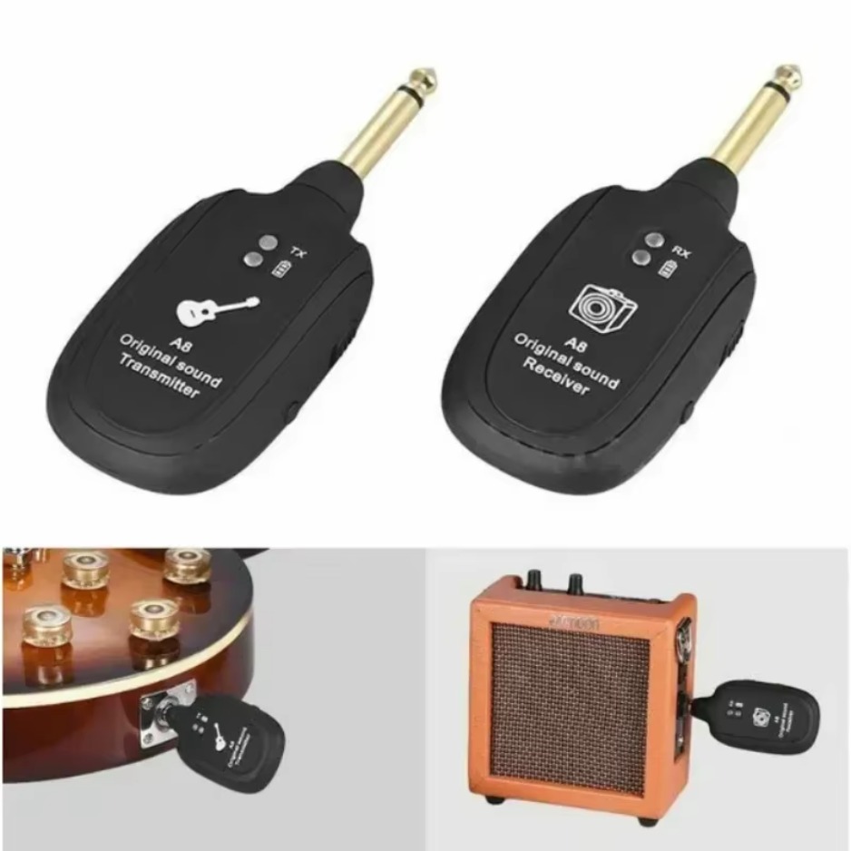 XIKCU A8 Gitarren-Funksystem, Sender, Empfänger, integrierter wiederaufladbarer integrierter wiederaufladbarer kabelloser Gitarrensender