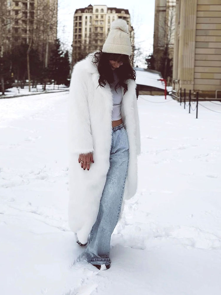 ZADORIN 130 cm Super Lange Pluizige Nepbontjas Vrouw Jas Winter Revers Dikker Witte Nepbontjassen Jas voor Vrouwen Outerwears