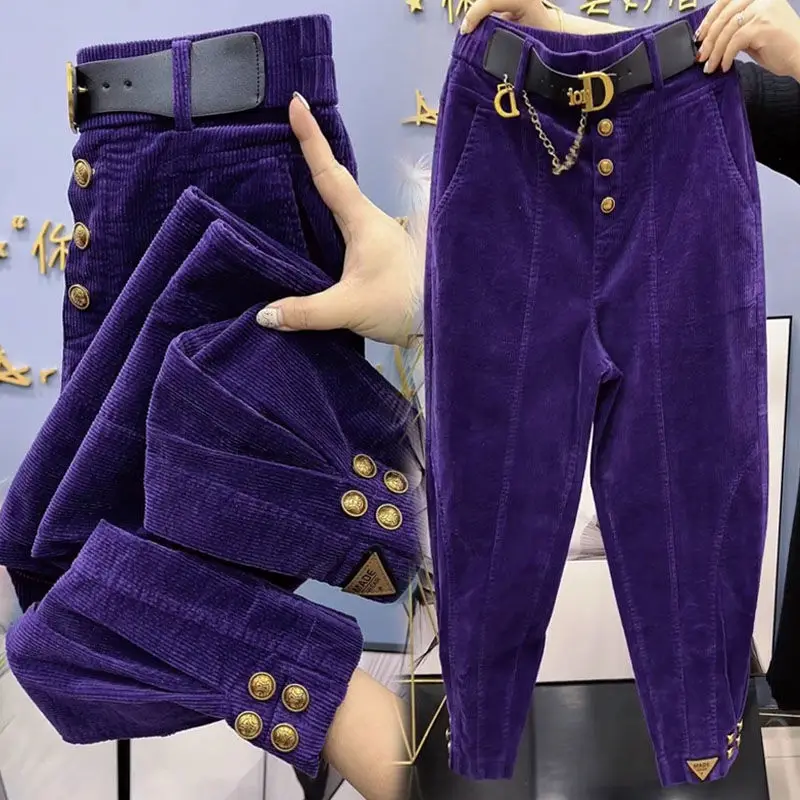 สีทึบหนา Corduroy กางเกงผู้หญิง 2023 ฤดูใบไม้ร่วงฤดูหนาวเกาหลีหลวมสบายๆกางเกงกางเกงอันตราย