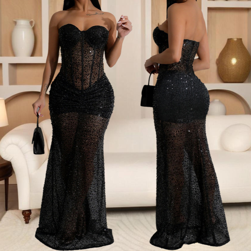 Lange jurken met mouwen strapless pailletten damesjurken doorzichtige elegante feestavondjurk verjaardag prom maxi-jurk XSY22