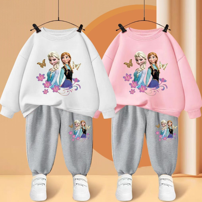 Set di tute per bambini con stampa Disney Elsa Princess, felpe con cappuccio e pantaloni, abbigliamento sportivo per ragazzi e ragazze, abbigliamento per bambini, 2 pezzi