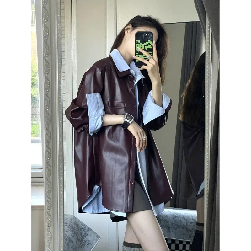 TFETTERS-chaqueta de cuero Morado uva para mujer, abrigo Vintage de Color liso, a la moda, novedad de otoño e invierno, 2024