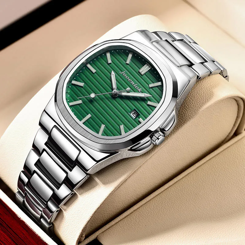 JOOENIOK Luxury Square Man นาฬิกาวันที่กันน้ําผู้ชายนาฬิกาข้อมือหนังคุณภาพสูงผู้ชายนาฬิกาควอตซ์ + กล่อง Reloj