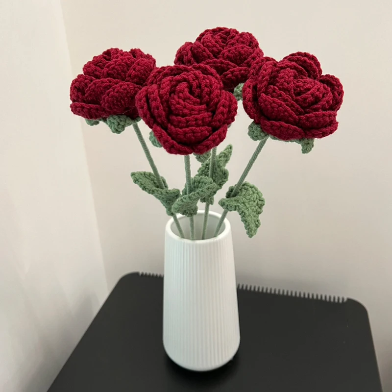 1PC 로맨틱 와인 레드 니트 장미 무리 Diy 완료 꽃 공예 발렌타인 데이 웨딩 커플 선물 핸드 크로 셰 뜨개질 홈 장식