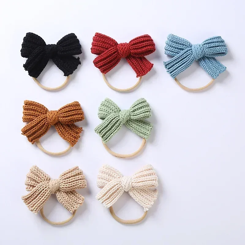 1 Uds. Diadema elástica con lazo de lana tejida bonita, diadema infantil de Color sólido con lazos de ganchillo, diadema de nailon, sombreros para niños, regalo de cumpleaños