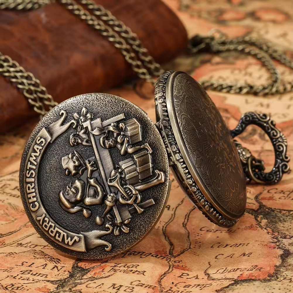 Vintage bronze quartzo relógio de bolso, homens e mulheres Santa pingente colar, presente de Natal
