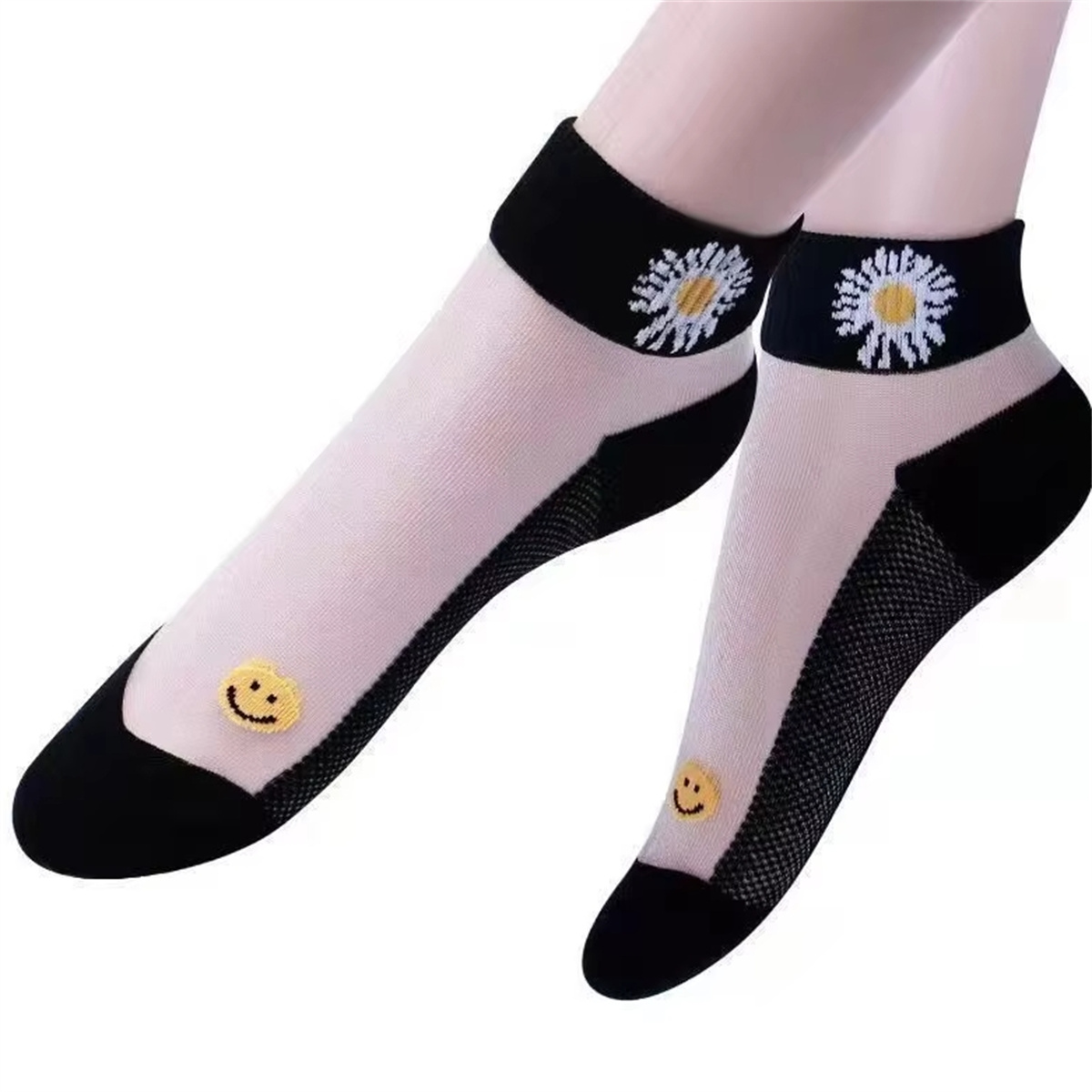 5 Paar Socken mit Gänseblümchenmuster, weiche und leichte kurze Netzsocken, Damenstrümpfe und Strumpfwaren