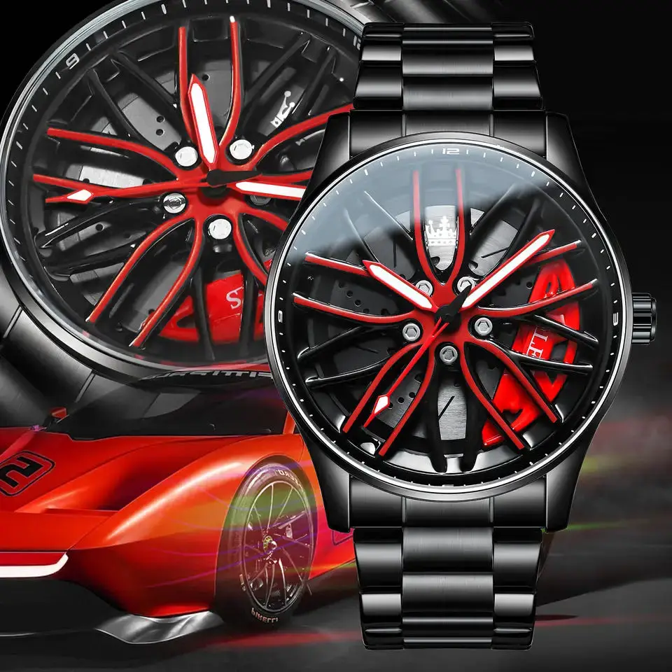 OLEVS Reloj para Hombre 360 °   Reloj de pulsera de cuarzo para hombre, esfera giratoria, llanta de coche deportivo, cubo de rueda, resistente al agua, luminoso, de acero inoxidable